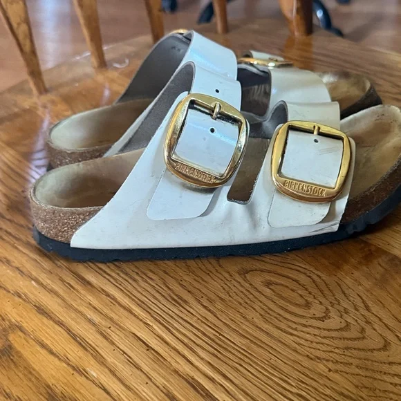 Birkenstock White Double-Buckle Slide Sandals with Gold Buckles - Picture 2 of 3